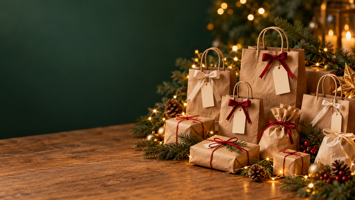 Weihnachtliche Bastelidee mit Papiertüten, Bändern, Tannengrün und Lichterkette