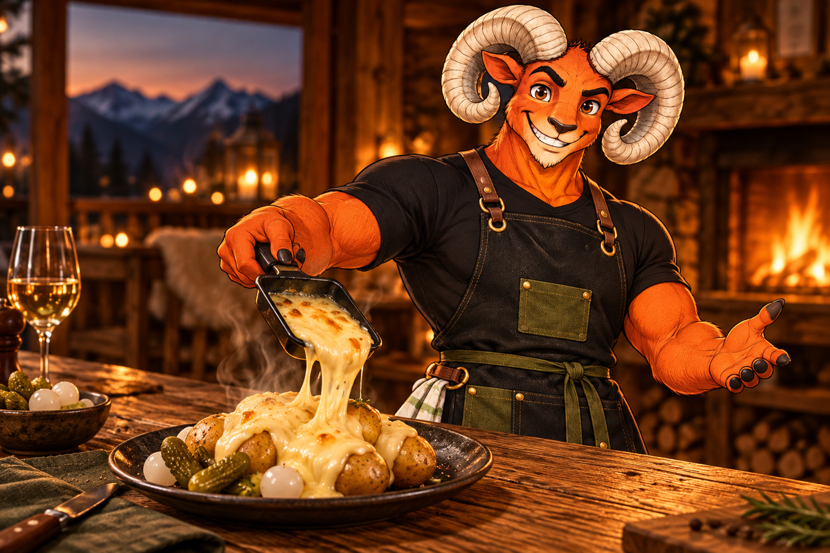 Bocky serviert Raclette mit geschmolzenem Käse und Kartoffeln.