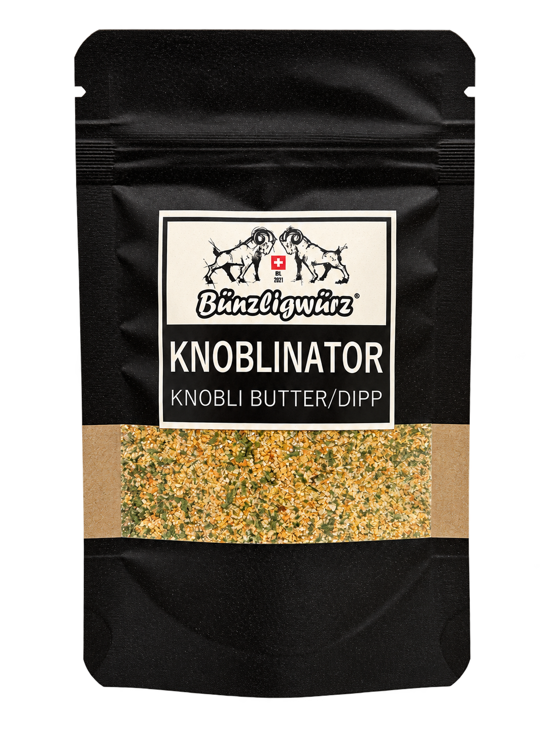 Bünzligwürz Knoblinator Knoblauchmischung im 40-g-Aromabeutel, freigestellt