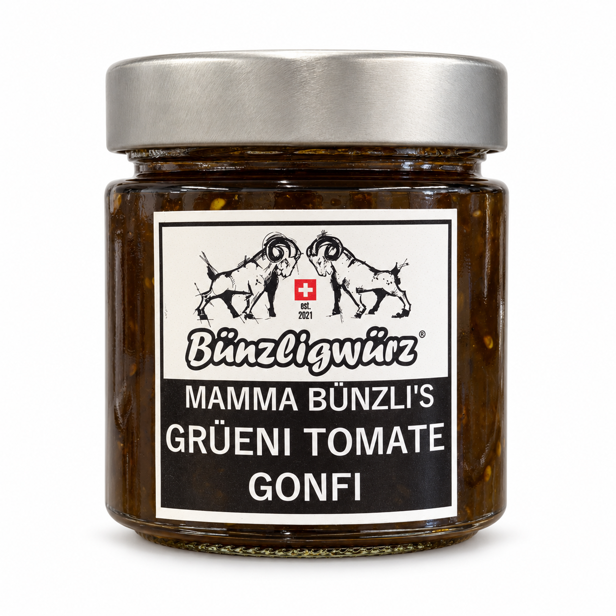 Mamma Bünzli’s Grüeni Tomate Gonfi von Bünzligwürz, Glas mit 230 g auf weissem Hintergrund