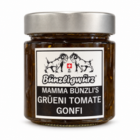 Thumbnail for Mamma Bünzli’s Grüeni Tomate Gonfi von Bünzligwürz, Glas mit 230 g auf weissem Hintergrund